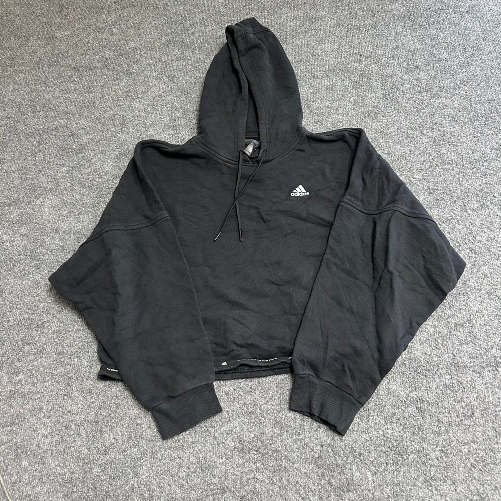 Adidas Hoodie Womens Size XS Black Cotton Cropped Boxy Fit Pullover Athletic